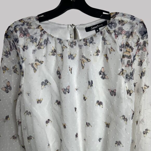 Sweet‎ Rain Womens M White Lined Butterfly Print Smocked Waist Sheer Sleeves Top - Picture 5 of 13